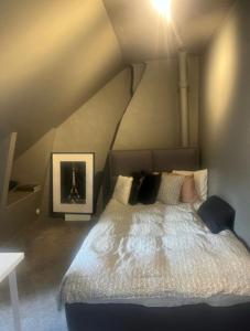 1 dormitorio con 1 cama grande en el ático en charmigt radhus i centrala Göteborg en Gotemburgo