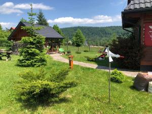 a flag in the grass next to a building at Buczynowe Chaty in Wysowa-Zdrój