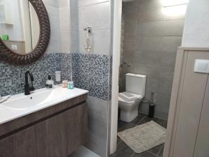 W łazience znajduje się umywalka, toaleta i lustro. w obiekcie Litsa's House Platanias w mieście Ajia Paraskiewi