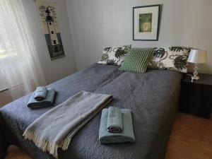 מיטה או מיטות בחדר ב-Huvila kosken rannalla
