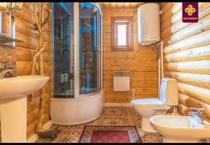 een badkamer met een douche, een toilet en een wastafel bij Райський куточок in Verkhovyna