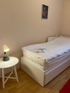 een slaapkamer met een bed en een kleine tafel bij Kalmár Apartman in Veszprém