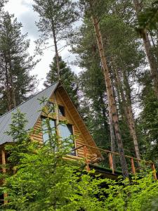 a tree house in the woods with a roof at Hut In Hatsvali in Mestia