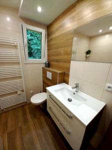 a bathroom with a white sink and a toilet at Apartmány Kocanda ubytování s 5G wifi Praha západ in Jesenice