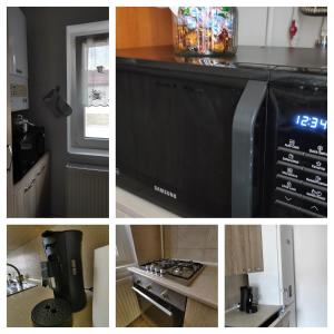 a collage of pictures of a kitchen with a microwave at Noua Apartment in Braşov
