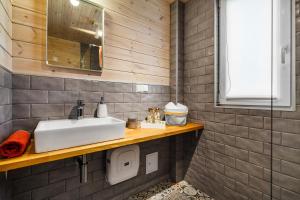 a bathroom with a white sink and a mirror at Letnisko Lubiatowo in Lubiatowo