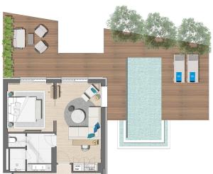 a floor plan of a house with a pool at Vathi Cove Luxury Resort & Spa in Chrysi Ammoudia
