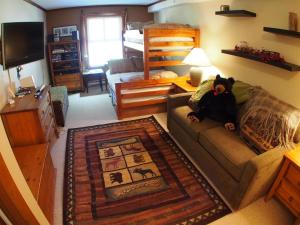una sala de estar con un sofá con un osito de peluche. en Fireside Lodge #409 By Bear Country, en Sun Peaks