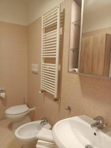 a bathroom with a sink and a toilet and a mirror at Suite Alle Corti - Treviso in Treviso
