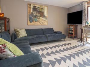 a living room with a blue couch and a flat screen tv at Six Acres House in Rye
