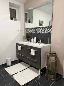 ein Bad mit einem Waschbecken und einem Spiegel in der Unterkunft Le Gai Lo Gite in Villers-Pol