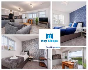 eine Collage mit Fotos von einem Schlafzimmer und einem Wohnzimmer in der Unterkunft Key Sleeps - Private Parking - Lower Pilsley - Balcony - Contractors - Leisure in Pilsley