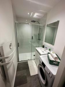 een badkamer met een douche en een wasmachine bij El Rio Champenois in Châlons-en-Champagne