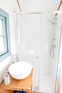 a bathroom with a white sink and a shower at Dipper's Hut - Luxury Shepherds Hut with Hot Tub in Blakeney