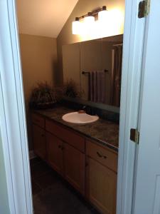 baño con lavabo y espejo grande en Private, Spacious Studio Apartment, Bath, Quiet, en Chesapeake