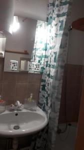 baño con lavabo y cortina de ducha en Les Montagnes, en Bellevaux
