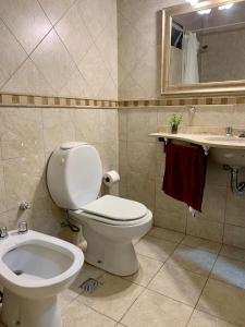 y baño con aseo, lavabo y espejo. en Departamento Las Heras en Mendoza