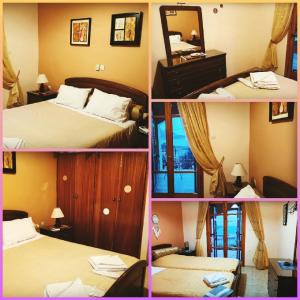 a collage of four pictures of a hotel room at Vassilis Apartments in Paleokastritsa