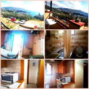 a collage of photos of a kitchen and a house at Vassilis Apartments in Paleokastritsa