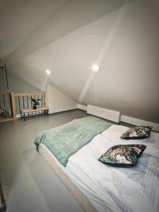 ein Schlafzimmer mit einem großen Bett mit zwei Kissen darauf in der Unterkunft M&K Apartament Magiczny Las, Gdańsk - Wyspa Sobieszewska in Danzig