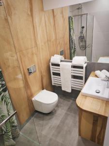 ein Bad mit einem WC und einem Waschbecken in der Unterkunft M&K Apartament Magiczny Las, Gdańsk - Wyspa Sobieszewska in Danzig