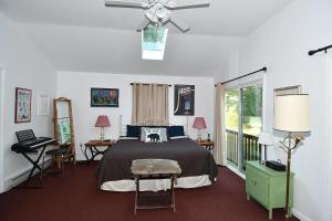 a bedroom with a bed and a ceiling fan at River Time Cabin -Time floats away! in Berkeley Springs