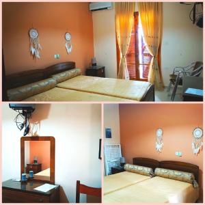 two pictures of a bedroom with a bed and a mirror at Vassilis Apartments in Paleokastritsa