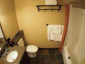 a bathroom with a toilet and a shower with towels at Stones Throw #38 By Bear Country in Sun Peaks