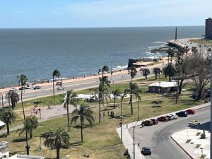 uitzicht op een straat met palmbomen en de oceaan bij Apto próximo a casco histórico in Montevideo