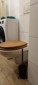 a washing machine and a toilet with a wooden seat at Apartament Na Wydmie in Ustka