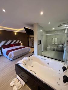 Pousada Granja Santa Barbara في بتروبوليس: غرفة نوم مع سرير وحوض استحمام في غرفة