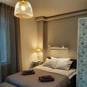 a bedroom with a large bed with aendant light at Villa Kungssten in Gothenburg