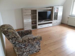 a living room with a chair and a television at Ferienwohnung PETER in Rudolstadt