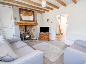 a living room with two couches and a fireplace at Carreg Cottage in Wrexham
