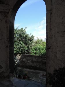 un arco en un edificio de piedra con árboles en el fondo en La Casa nel Cortile en Vico Equense