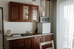 uma cozinha com um balcão com um lavatório e um frigorífico em Apartament Jutrzenka em Spytkowice