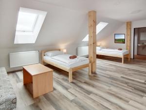 1 dormitorio con 2 camas en una habitación con tragaluces en Penzion U Provazníka en Zdíkov