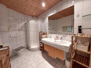 a bathroom with a sink and a shower and a toilet at Apartments Golfweg in Kitzbühel