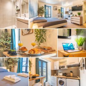 een collage van foto's van een kamer met een bed en een keuken bij Le CosyGreen - Central/Netflix/Wifi Fibre - Séjour Lozère in Mende