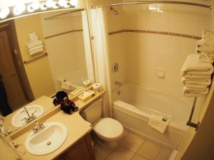 a bathroom with a teddy bear sitting on a sink at Fireside Lodge #302 By Bear Country in Sun Peaks