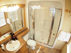 a bathroom with a shower and a toilet and a sink at Crystal Forest #66 By Bear Country in Sun Peaks