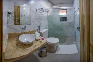 a bathroom with a sink and a toilet and a shower at Pousada Vento Sul in Chapada dos Guimarães