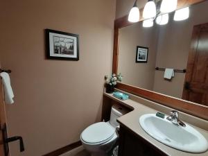 La salle de bains est pourvue de toilettes, d'un lavabo et d'un miroir. dans l'établissement Trappers Landing #34 by Bear Country, à Sun Peaks