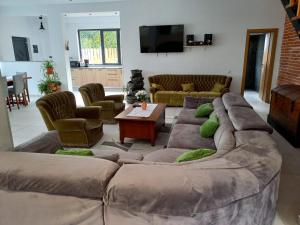 uma sala de estar com um grande sofá e cadeiras em Casa Phoenix em Baisoara