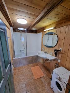 a bathroom with a sink and a shower and a toilet at Almhütte Chrisanten Thaya Sölden in Sölden +27 photos