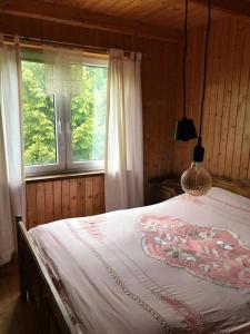 ein Schlafzimmer mit einem Bett und zwei Fenstern in der Unterkunft Chata filozofa in Skawica