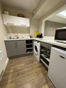 eine Küche mit Spüle und Waschmaschine in der Unterkunft LUNA LUX Apartment in Portrush
