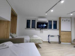 um quarto com duas camas e uma televisão na parede em Studio Apartment Danka Old Town Budva em Budva