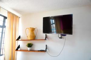 a flat screen tv hanging on a wall with shelves at HOSTAL CHOCOLATE CALENDA in Oaxaca City