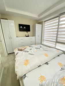 Schlafzimmer mit einem Bett und einem Flachbild-TV in der Unterkunft Soimari street New Apartment in Chisinau in Chişinău